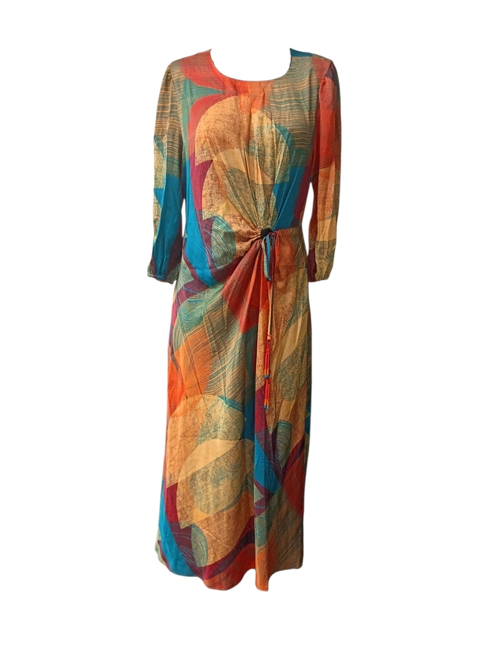 Abstract Multi-Color Long Sleeve Maxi Dress with Side Tie